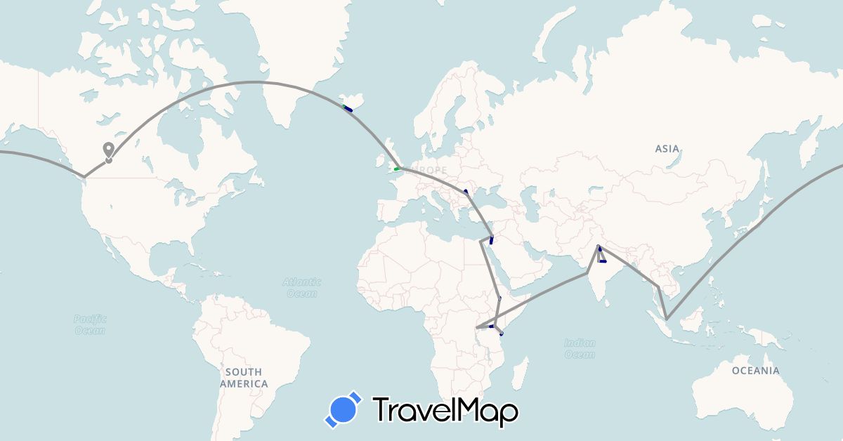 TravelMap itinerary: driving, bus, plane, boat in Canada, Egypt, Ethiopia, United Kingdom, India, Iceland, Jordan, Japan, Kenya, Romania, Rwanda, Singapore, Thailand (Africa, Asia, Europe, North America)
