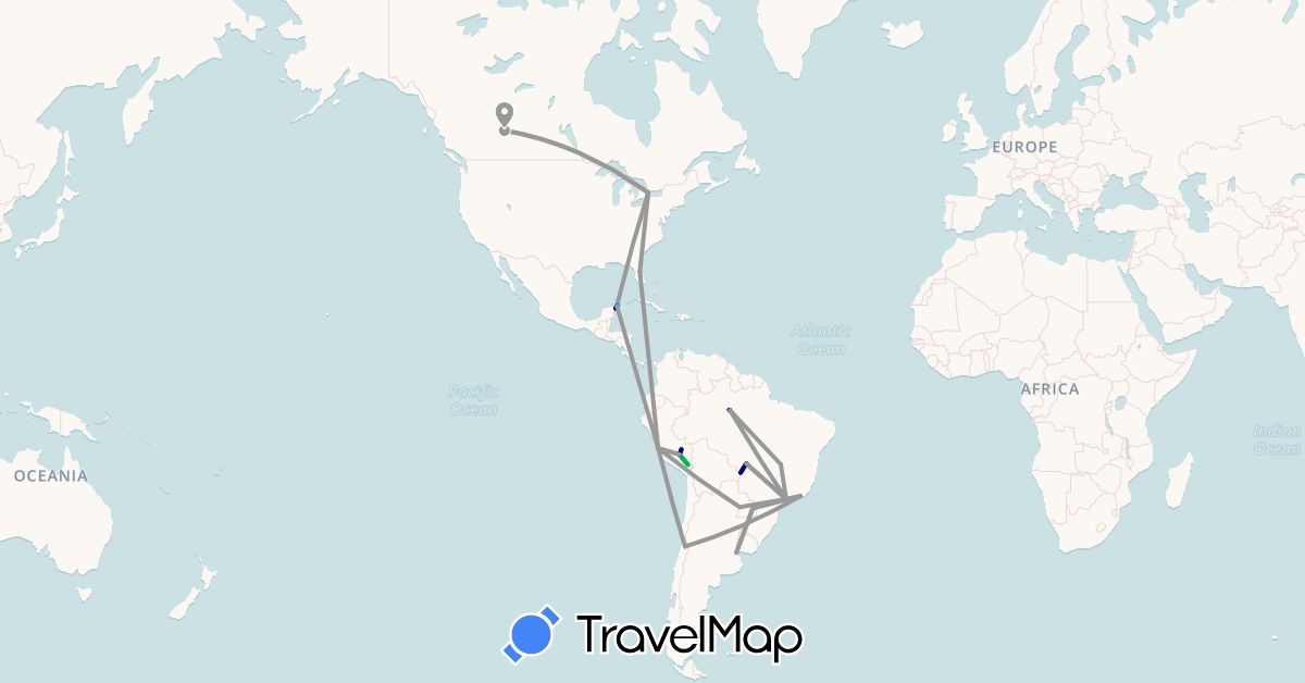 TravelMap itinerary: driving, bus, plane, train, boat in Argentina, Brazil, Canada, Chile, Mexico, Peru, Paraguay, United States (North America, South America)