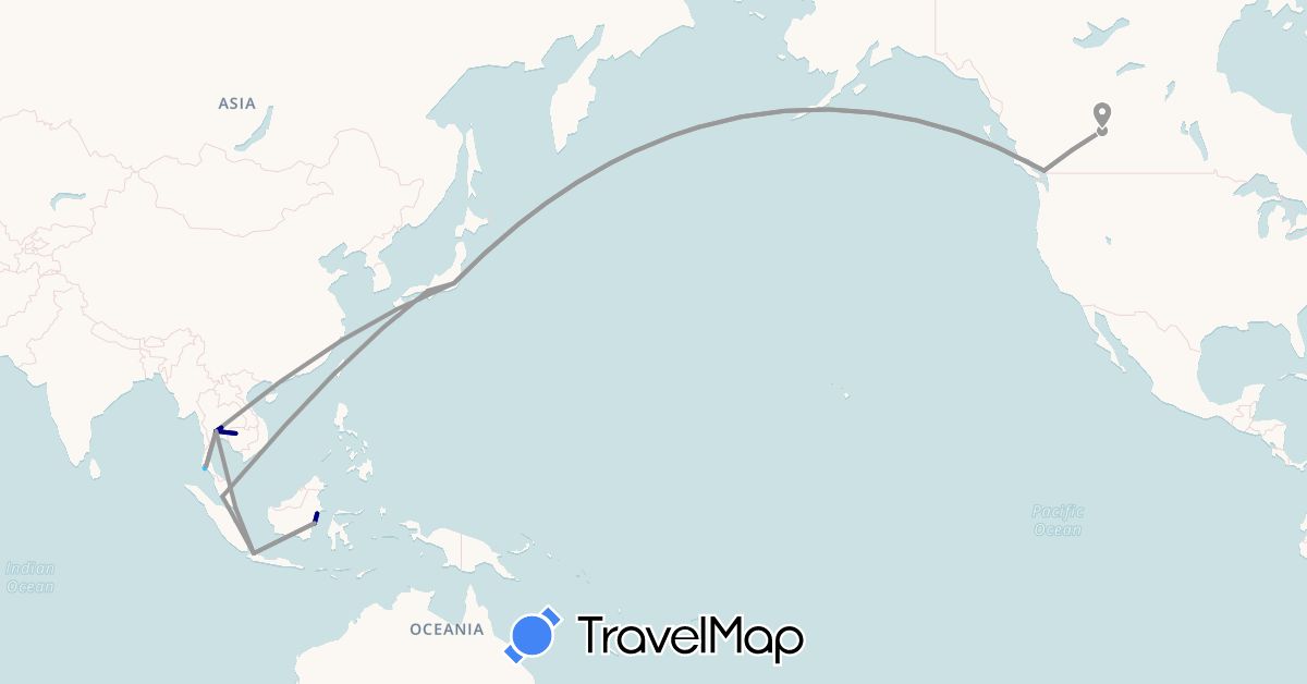 TravelMap itinerary: driving, bus, plane, boat in Canada, Indonesia, Japan, Cambodia, Malaysia, Singapore, Thailand (Asia, North America)