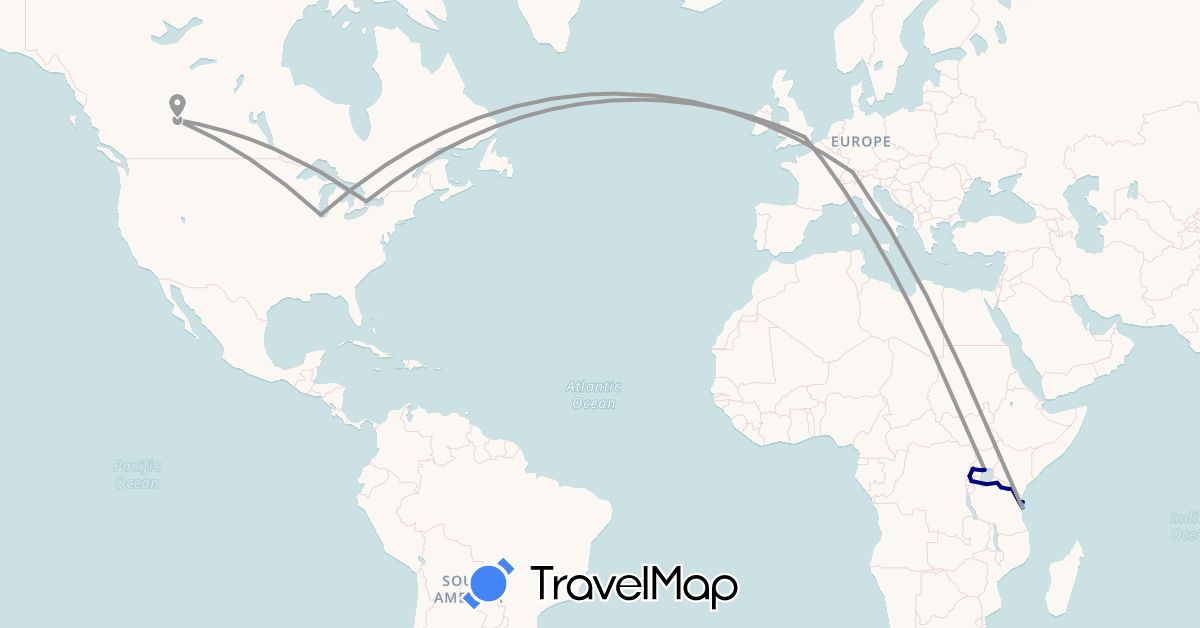 TravelMap itinerary: driving, plane, boat in Canada, Switzerland, United Kingdom, Kenya, Rwanda, Tanzania, Uganda, United States (Africa, Europe, North America)