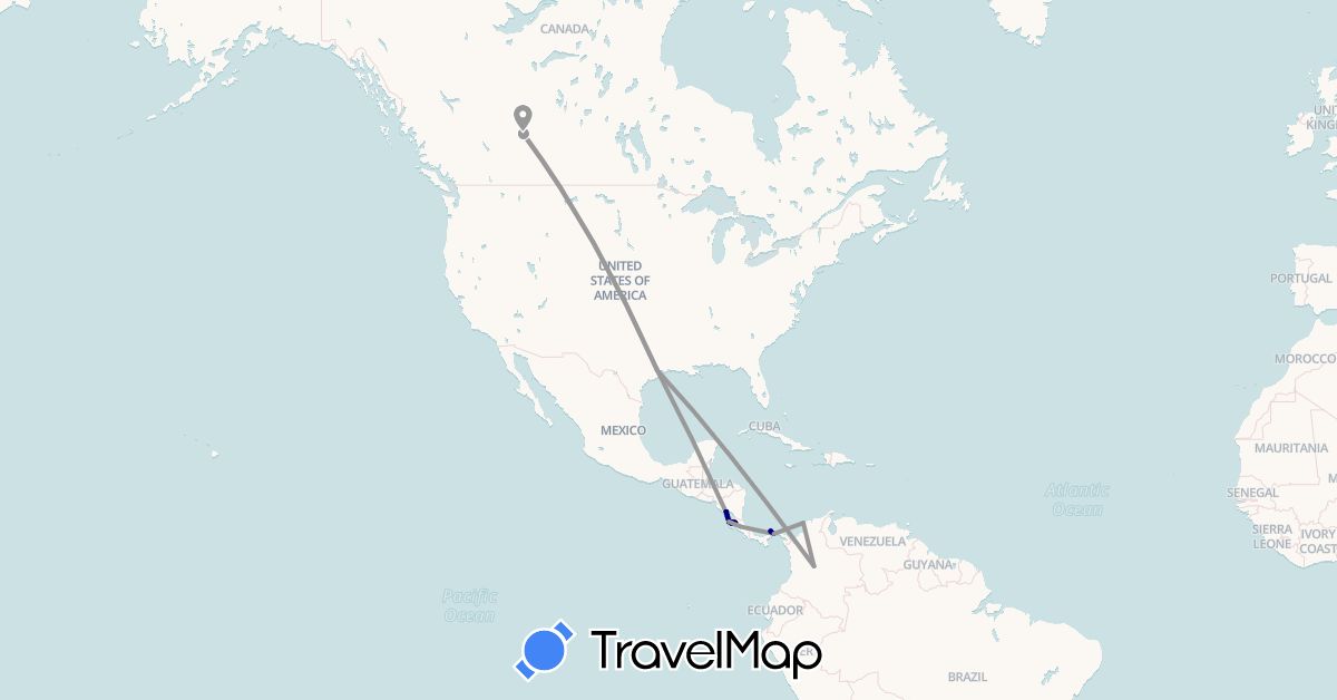 TravelMap itinerary: driving, plane in Canada, Colombia, Costa Rica, Nicaragua, Panama, United States (North America, South America)