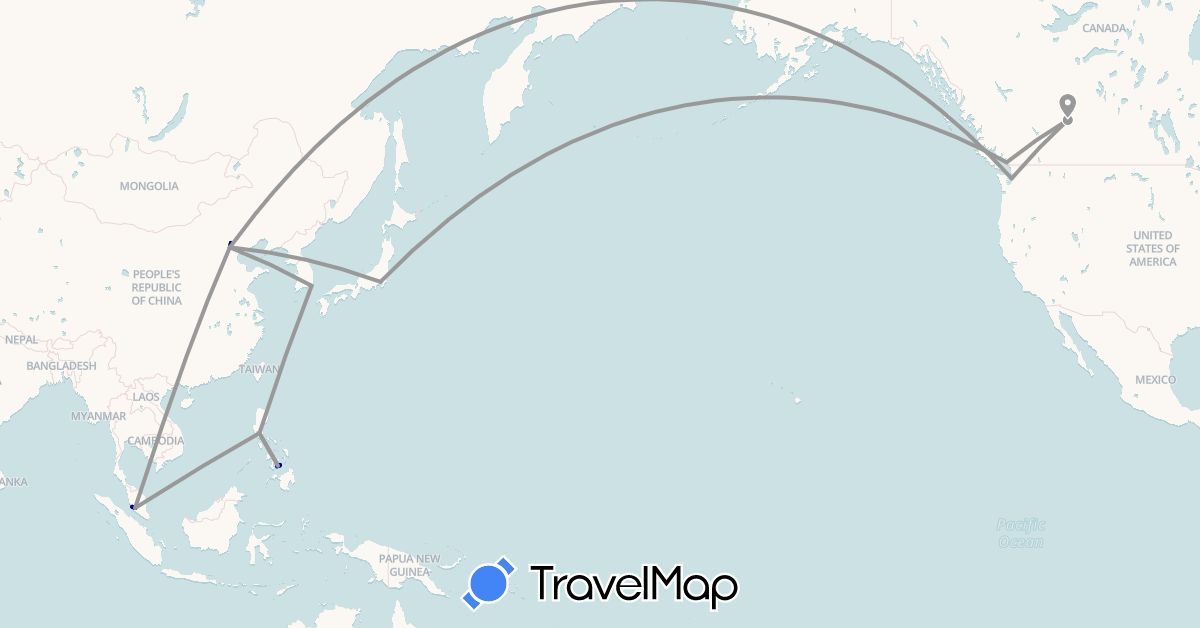TravelMap itinerary: driving, plane, boat in Canada, China, Japan, South Korea, Malaysia, Philippines, United States (Asia, North America)